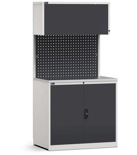 Module avec armoire à portes battantes, plateau en acier inoxydable – Gris clair + Gris anthracite (RAL 7035+7016) – 1020 × 640 × 2000 mm