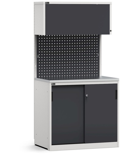 Module avec armoire à portes coulissantes, plateau en acier inoxydable – Gris clair + Gris anthracite (RAL 7035+7016) – 1020 × 640 × 2000 mm