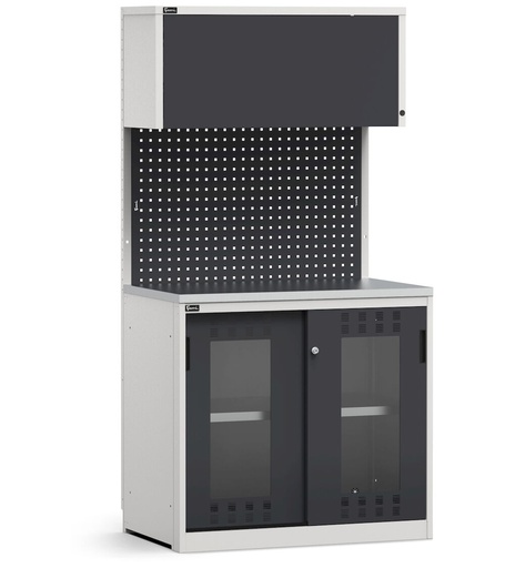 Modulo con armadio con ante scorrevoli fessurate in policarbonato, top in acciaio inox – Grigio chiaro + Grigio antracite (RAL 7035+7016) – 1020 × 640 × 2000 mm