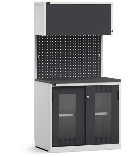 Module avec armoire à portes coulissantes ajourées en polycarbonate, plateau en acier caoutchouté – Gris clair + Gris anthracite (RAL 7035+7016) – 1020 × 640 × 2000 mm
