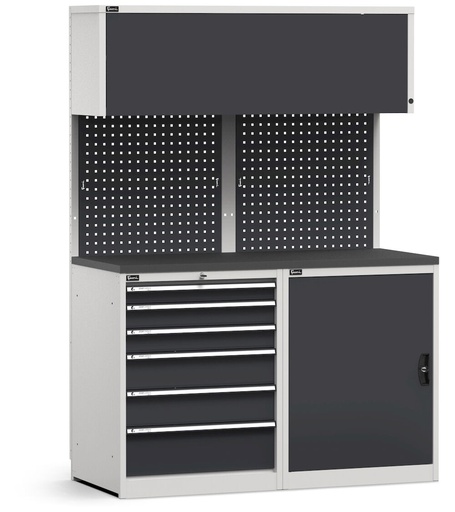 Modulo con cassettiera e armadio, top in acciaio gommato – Grigio chiaro + Grigio antracite (RAL 7035+7016) – 1428 × 640 × 2000 mm