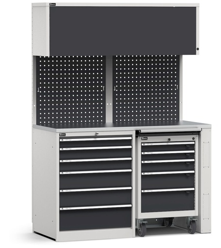 Modulo con cassettiera e carrello portautensili, top in acciaio inox – Grigio chiaro + Grigio antracite (RAL 7035+7016) – 1428 × 640 × 2000 mm