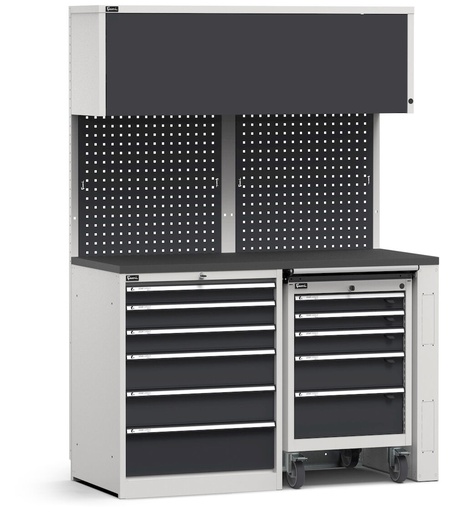 Module avec bloc tiroirs et servante d'atelier, plateau en acier caoutchouté – Gris clair + Gris anthracite (RAL 7035+7016) – 1428 × 640 × 2000 mm