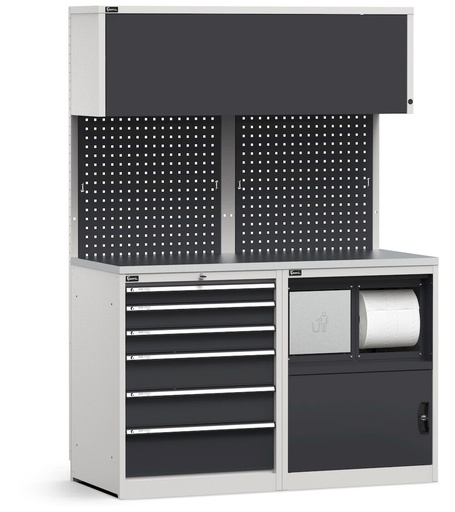 Module avec bloc tiroirs et armoire dotée d'un compartiment à déchets, plateau en acier inoxydable – Gris clair + Gris anthracite (RAL 7035+7016) – 1428 × 640 × 2000 mm