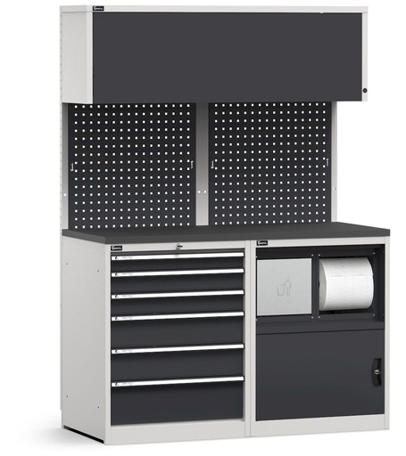 Modulo con cassettiera e armadio con vano rifiuti, top in acciaio gommato – Grigio chiaro + Grigio antracite (RAL 7035+7016) – 1428 × 640 × 2000 mm