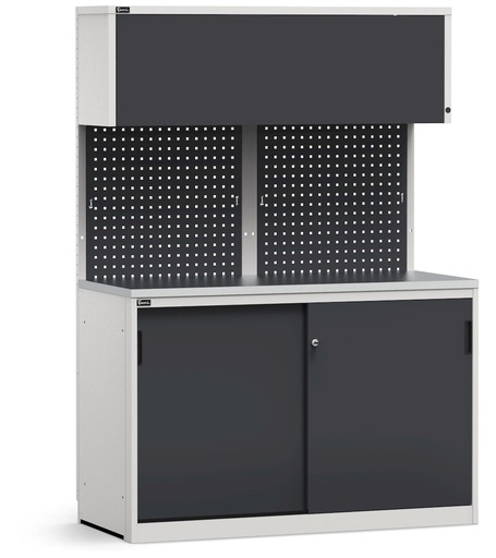 Modulo con armadio con ante scorrevoli, top in acciaio inox – Grigio chiaro + Grigio antracite (RAL 7035+7016) – 1428 × 640 × 2000 mm