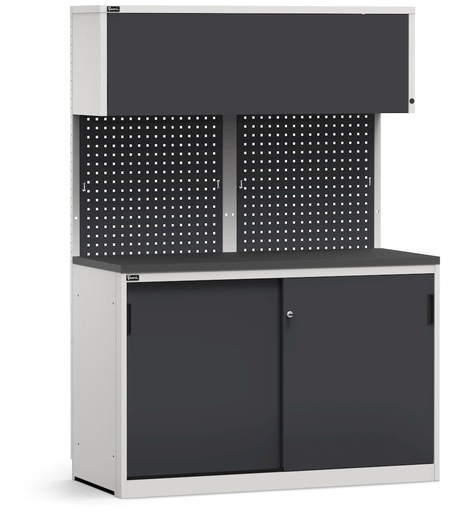 Modulo con armadio con ante scorrevoli, top in acciaio gommato – Grigio chiaro + Grigio antracite (RAL 7035+7016) – 1428 × 640 × 2000 mm