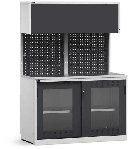 Modulo con armadio con ante scorrevoli fessurate in policarbonato, top in acciaio inox – Grigio chiaro + Grigio antracite (RAL 7035+7016) – 1428 × 640 × 2000 mm