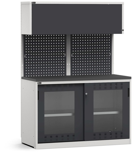 Module avec armoire à portes coulissantes ajourées en polycarbonate, plateau en acier caoutchouté – Gris clair + Gris anthracite (RAL 7035+7016) – 1428 × 640 × 2000 mm