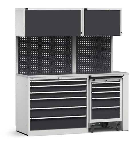 Module avec bloc tiroirs et servante d'atelier, plateau en acier inoxydable – Gris clair + Gris anthracite (RAL 7035+7016) – 1734 × 640 × 2000 mm