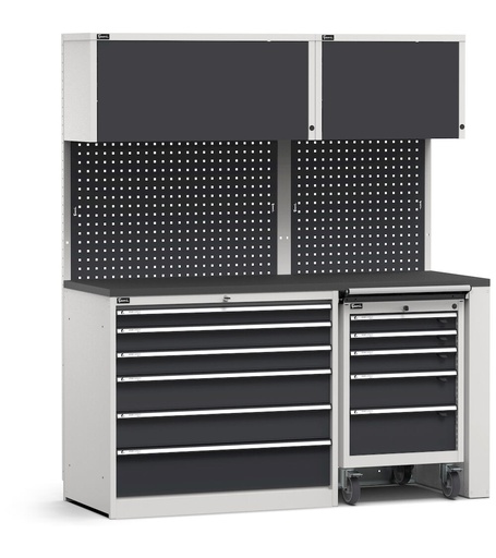 Modulo con cassettiera e carrello portautensili, top in acciaio gommato – Grigio chiaro + Grigio antracite (RAL 7035+7016) – 1734 × 640 × 2000 mm