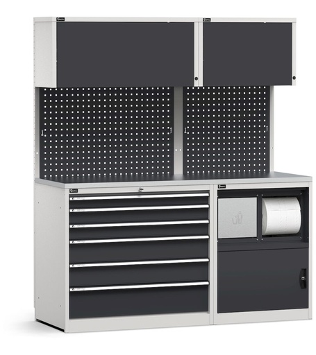 Modulo con cassettiera e armadio con vano rifiuti, top in acciaio inox – Grigio chiaro + Grigio antracite (RAL 7035+7016) – 1734 × 640 × 2000 mm