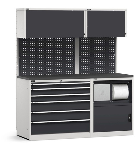 Modulo con cassettiera e armadio con vano rifiuti, top in acciaio gommato – Grigio chiaro + Grigio antracite (RAL 7035+7016) – 1734 × 640 × 2000 mm