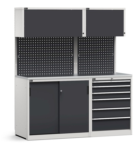 Modulo con cassettiera e armadio con ante scorrevoli, top in acciaio inox – Grigio chiaro + Grigio antracite (RAL 7035+7016) – 1734 × 640 × 2000 mm