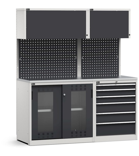 Module avec bloc tiroirs et armoire à portes coulissantes ajourées en polycarbonate, plateau en acier inoxydable – Gris clair + Gris anthracite (RAL 7035+7016) – 1734 × 640 × 2000 mm