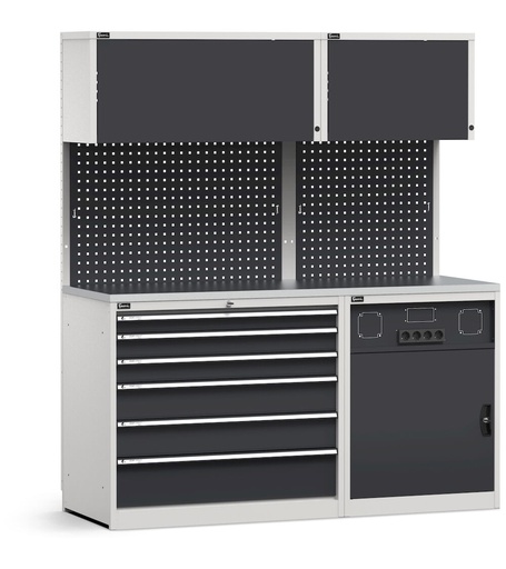 Modulo con cassettiera e armadio tecnico, top in acciaio inox – Grigio chiaro + Grigio antracite (RAL 7035+7016) – 1734 × 640 × 2000 mm