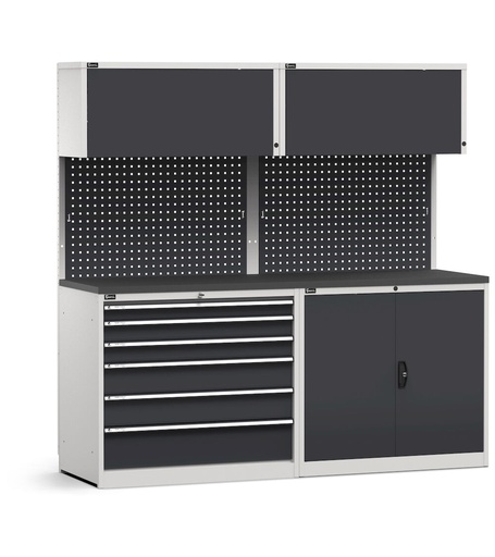 Module avec bloc tiroirs et armoire, plateau en acier caoutchouté – Gris clair + Gris anthracite (RAL 7035+7016) – 2040 × 640 × 2000 mm