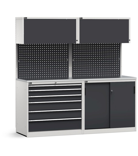 Modulo con cassettiera e armadio con ante scorrevoli, top in acciaio inox – Grigio chiaro + Grigio antracite (RAL 7035+7016) – 2040 × 640 × 2000 mm