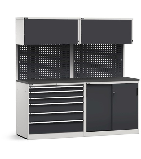 Modulo con cassettiera e armadio con ante scorrevoli, top in acciaio gommato – Grigio chiaro + Grigio antracite (RAL 7035+7016) – 2040 × 640 × 2000 mm