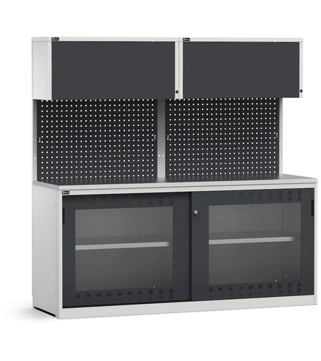 Modulo con armadio con ante scorrevoli fessurate in policarbonato, top in acciaio inox – Grigio chiaro + Grigio antracite (RAL 7035+7016) – 2040 × 640 × 2000 mm