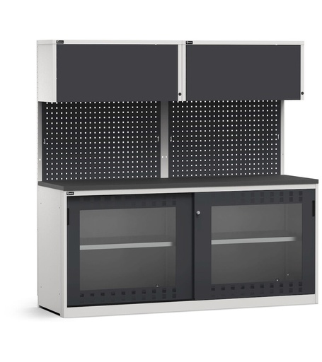 Module avec armoire à portes coulissantes ajourées en polycarbonate, plateau en acier caoutchouté – Gris clair + Gris anthracite (RAL 7035+7016) – 2040 × 640 × 2000 mm