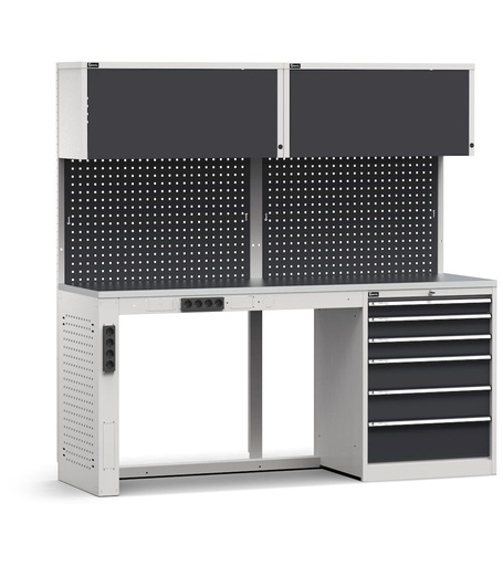 Module d'établi avec bloc tiroirs, plateau en acier inoxydable – Gris clair + Gris anthracite (RAL 7035+7016) – 2040 × 640 × 2000 mm