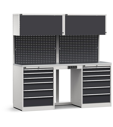 Module d'établi avec blocs tiroirs, plateau en acier inoxydable – Gris clair + Gris anthracite (RAL 7035+7016) – 2040 × 640 × 2000 mm