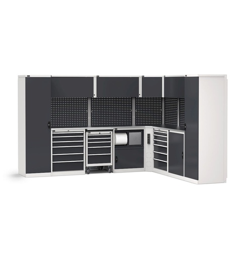 Combinazione di arredo angolare, top in acciaio inox – Grigio chiaro + Grigio antracite (RAL 7035+7016) – 3306 × 2694 × 2000 mm