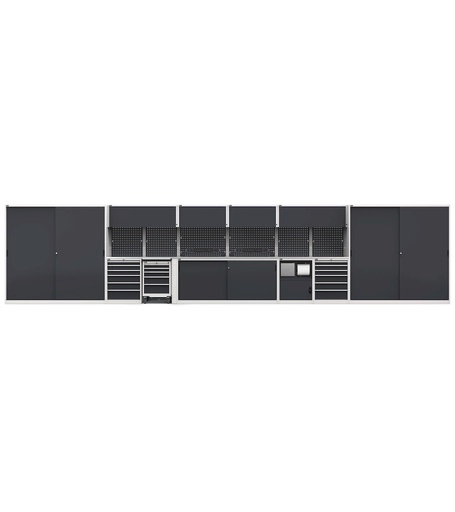 Sistema modulare di arredo officina, top in acciaio inox – Grigio chiaro + Grigio antracite (RAL 7035+7016) – 8976 × 640 × 2000 mm