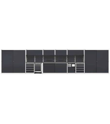 Sistema modulare di arredo officina, top in acciaio gommato – Grigio chiaro + Grigio antracite (RAL 7035+7016) – 8976 × 640 × 2000 mm