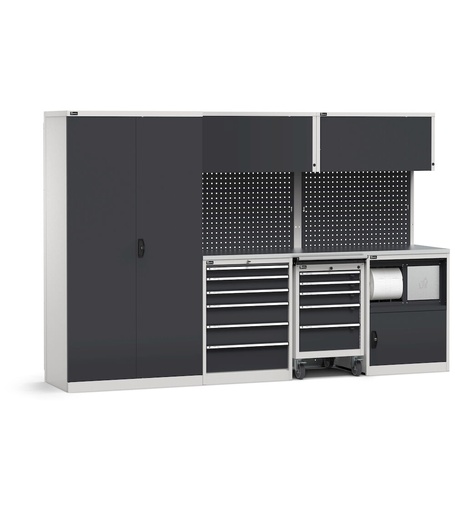 Sistema modulare di arredo officina, top in acciaio inox – Grigio chiaro + Grigio antracite (RAL 7035+7016) – 3063 × 640 × 2000 mm