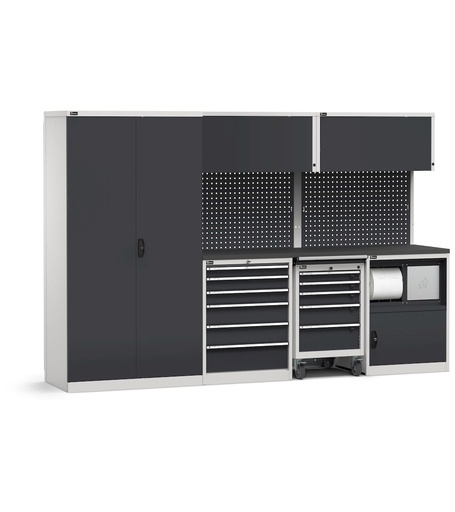 Sistema modulare di arredo officina, top in acciaio gommato – Grigio chiaro + Grigio antracite (RAL 7035+7016) – 3063 × 640 × 2000 mm