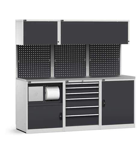 Sistema modulare di arredo officina, top in acciaio inox – Grigio chiaro + Grigio antracite (RAL 7035+7016) – 2142 × 640 × 2000 mm