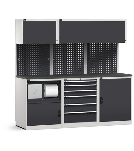 Sistema modulare di arredo officina, top in acciaio gommato – Grigio chiaro + Grigio antracite (RAL 7035+7016) – 2142 × 640 × 2000 mm