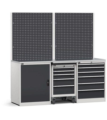 Composizione con parete attrezzata per arredo officina, top in acciaio inox, ruote, cassettiera 6 cassetti, armadio con anta – Grigio chiaro + Grigio antracite (RAL 7035+7016) – 2041 × 640 × 2000 mm