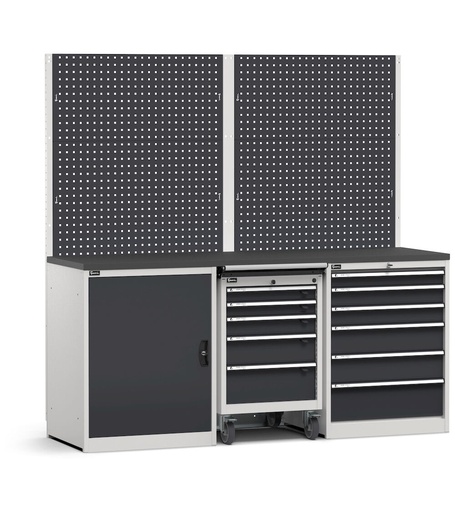 Composizione con parete attrezzata per arredo officina, top in acciaio gommato, ruote, cassettiera 6 cassetti, armadio con anta – Grigio chiaro + Grigio antracite (RAL 7035+7016) – 2041 × 640 × 2000 mm