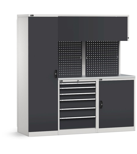 Sistema modulare di arredo officina, top in acciaio inox, armadio con anta – Grigio chiaro + Grigio antracite (RAL 7035+7016) – 1940 × 640 × 2000 mm