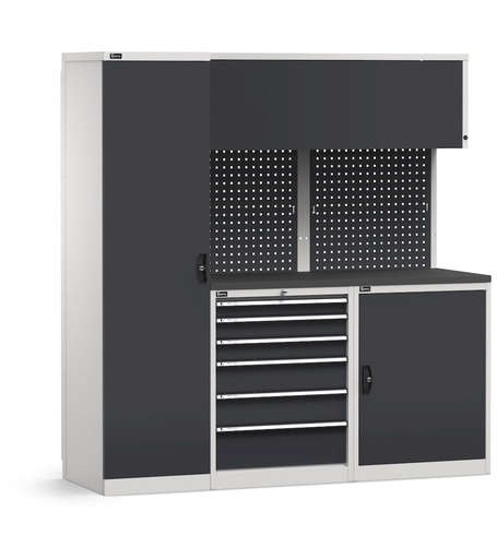 Sistema modulare di arredo officina, top in acciaio gommato, armadio con anta – Grigio chiaro + Grigio antracite (RAL 7035+7016) – 1940 × 640 × 2000 mm