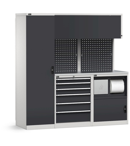 Sistema modulare di arredo officina, top in acciaio inox, vano rifiuti – Grigio chiaro + Grigio antracite (RAL 7035+7016) – 1940 × 640 × 2000 mm