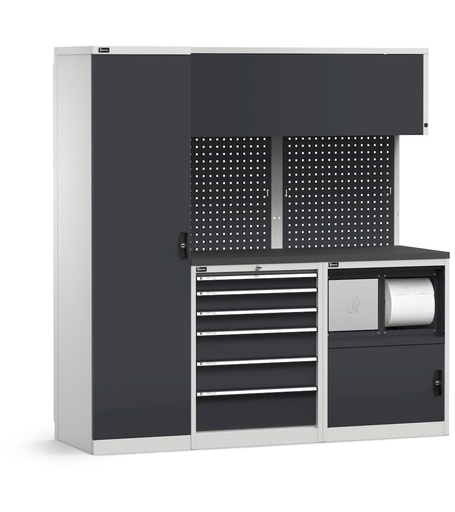 Sistema modulare di arredo officina, top in acciaio gommato, vano rifiuti – Grigio chiaro + Grigio antracite (RAL 7035+7016) – 1940 × 640 × 2000 mm