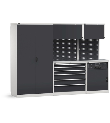 Sistema modulare di arredo officina, top in acciaio inox – Grigio chiaro + Grigio antracite (RAL 7035+7016) – 2757 × 640 × 2000 mm