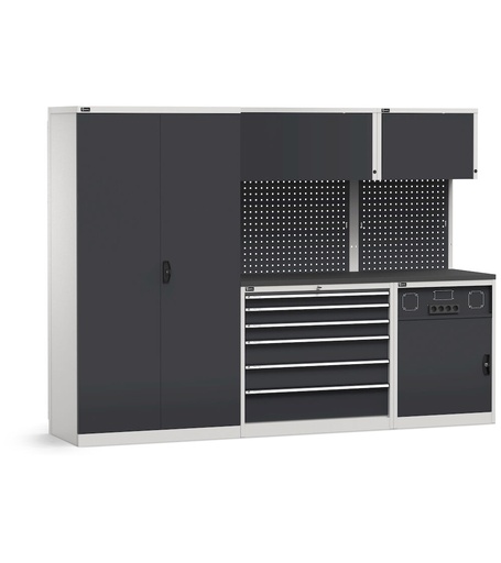 Sistema modulare di arredo officina, top in acciaio gommato – Grigio chiaro + Grigio antracite (RAL 7035+7016) – 2757 × 640 × 2000 mm