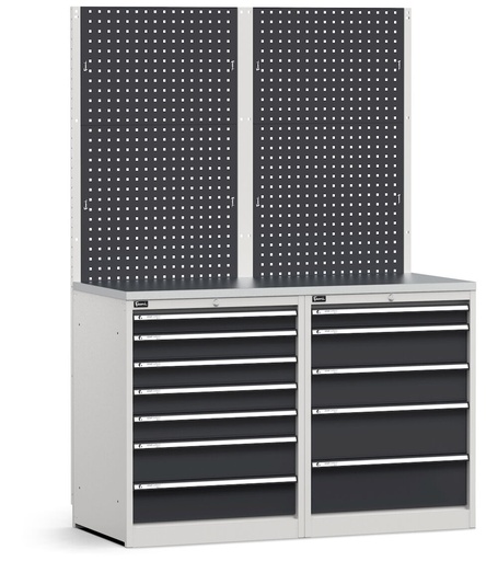 Composizione con parete attrezzata per arredo officina, top in acciaio inox – Grigio chiaro + Grigio antracite (RAL 7035+7016) – 1428 × 640 × 2000 mm