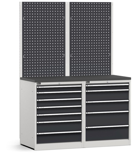 Composizione con parete attrezzata per arredo officina, top in acciaio gommato – Grigio chiaro + Grigio antracite (RAL 7035+7016) – 1428 × 640 × 2000 mm