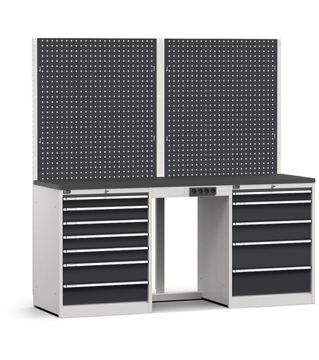 Composizione con parete attrezzata per arredo officina, top in acciaio gommato, kit elettrico, cassettiera 7 cassetti – Grigio chiaro + Grigio antracite (RAL 7035+7016) – 2041 × 640 × 2000 mm