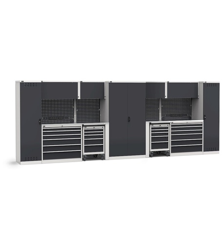 Sistema modulare di arredo officina, top in acciaio inox – Grigio chiaro + Grigio antracite (RAL 7035+7016) – 5515 × 640 × 2000 mm