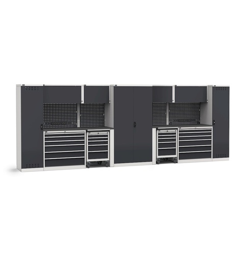 Sistema modulare di arredo officina, top in acciaio gommato – Grigio chiaro + Grigio antracite (RAL 7035+7016) – 5515 × 640 × 2000 mm