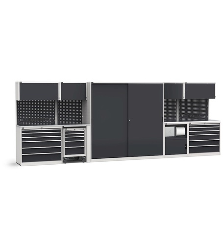 Sistema modulare di arredo officina, top in acciaio inox – Grigio chiaro + Grigio antracite (RAL 7035+7016) – 5508 × 640 × 2000 mm