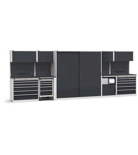 Sistema modulare di arredo officina, top in acciaio gommato – Grigio chiaro + Grigio antracite (RAL 7035+7016) – 5508 × 640 × 2000 mm