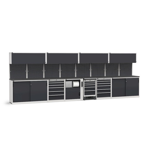 Sistema modulare di arredo officina, top in acciaio gommato – Grigio chiaro + Grigio antracite (RAL 7035+7016) – 5712 × 640 × 2000 mm